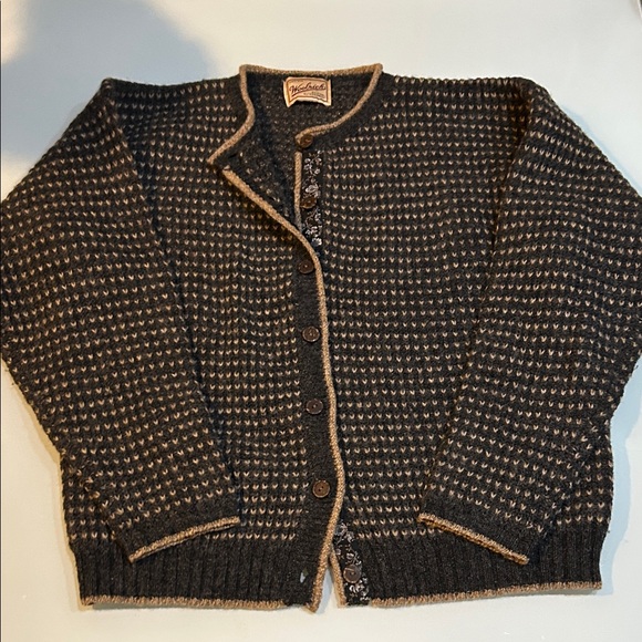 Pendleton Sweaters - Vintage Pendleton charcoal grey and oatmeal Cardigan Sweater with floral trim